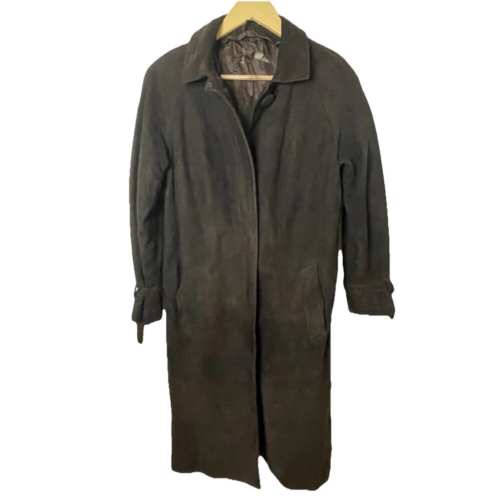 VTG 60s MOD Long Chocolate Brown Suede Suede Trench Coat Jacket Boho Sz 0P 2P 4P